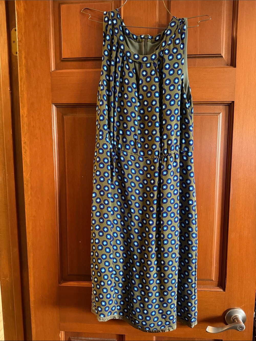 J. Crew Olive Dress with Blue and Teal Geometric Dots Size 8